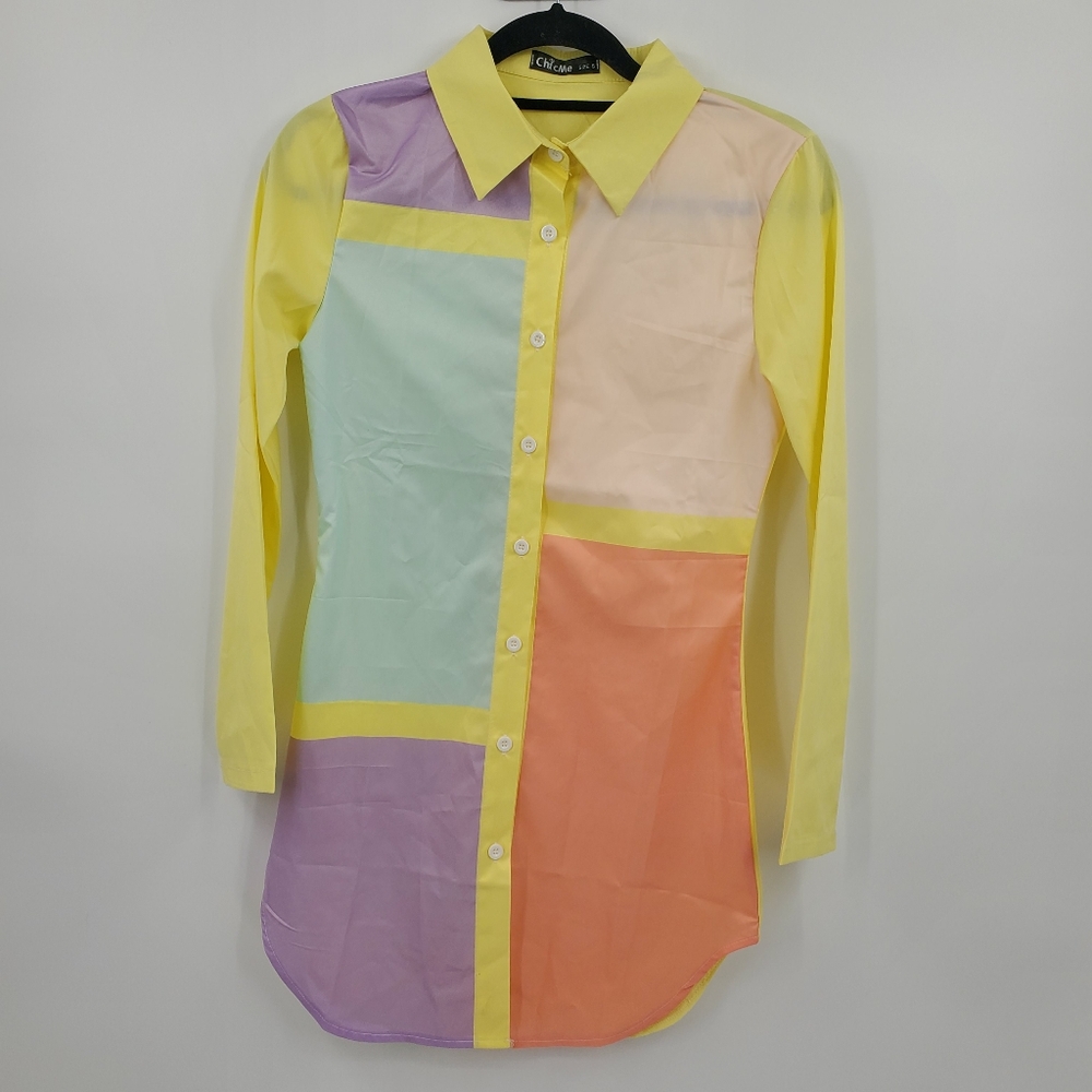 ◇◇ ChicMe Colorblock Long-sleeved Button Up Shirt Size Small Yellow